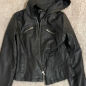 New Look Black Leather Hooded Jacket